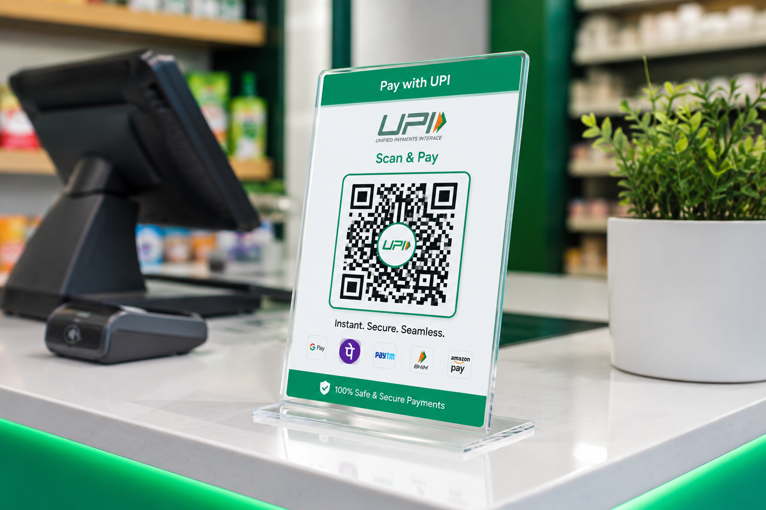Clean acrylic UPI payment QR code standee displayed on a retail store counter